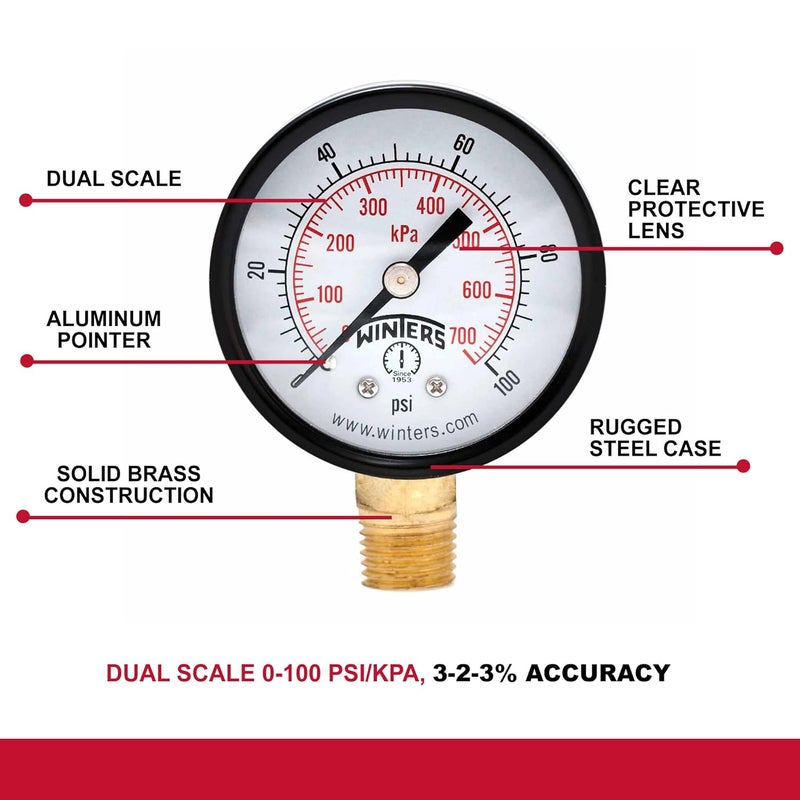 Winters Instruments Winters 2 inch Dial Size, Multi Function Economy Utility Dry Pressure Gauge, Brass Internals, Black Steel Case, Dual Scale 0-100 psi/kPa, 3-2-3% Accuracy, 1/4 inch NPT Bottom Mount, Pressure Gauge - Image 3